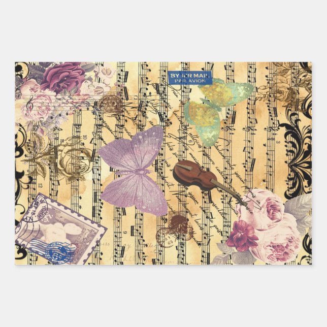 Schmetterling, Rose und Anmerkungen Ephemera Geschenkpapier Set (Vorderseite)