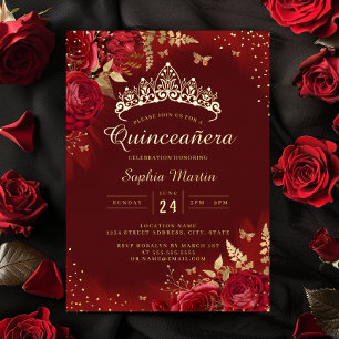 Schmetterling Rot Gold Floral Quinceanera  Folieneinladung