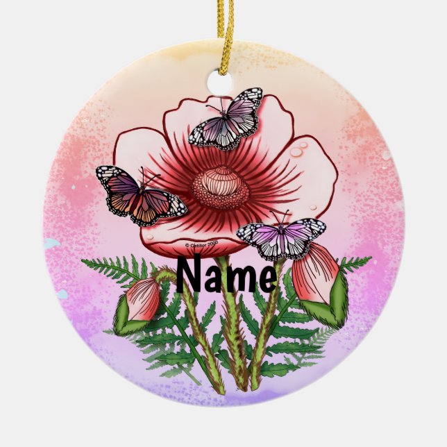 Schmetterling Roter Mohn  Keramik Ornament (Vorne)