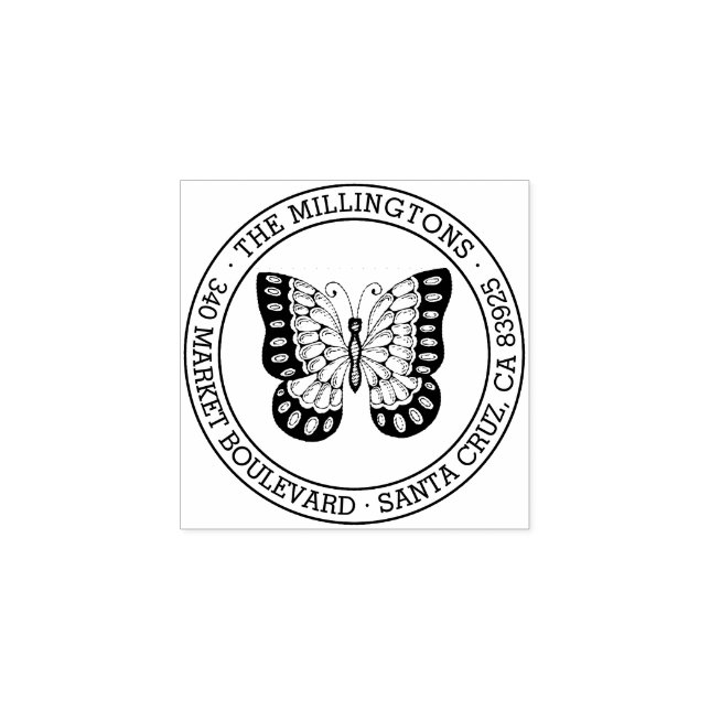 Schmetterling | Runde Familienname Rücksendeadress Gummistempel (Prägung)
