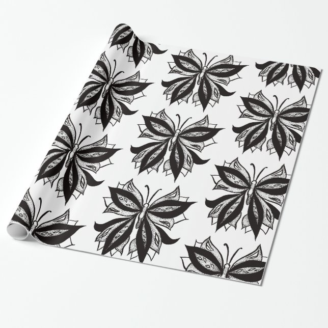 Schmetterling Schwarz-Weiß-Stamm Tattoo Geschenkpapier (Ungerollt)