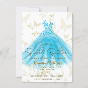 Schmetterling Tanz Aqua Blau Kleid Gold Sweet 16 Einladung