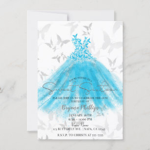 Schmetterling Tanz Aqua Blau Kleid Süße 16 Party Einladung