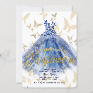 Schmetterling Tanz Blaues Kleid Gold Quinceañera 1 Einladung