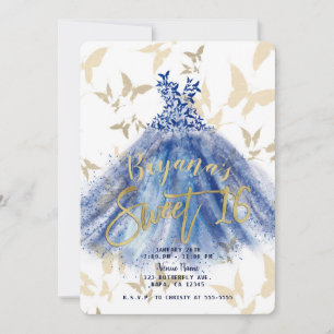 Schmetterling Tanz Blaues Kleid Gold Sweet 16 Einladung