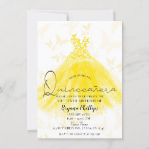Schmetterling Tanz Gelb Funkel Kleid Quinceañera Einladung