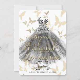 Schmetterling Tanzkleid Schwarz Gold Quinceañera 1 Einladung