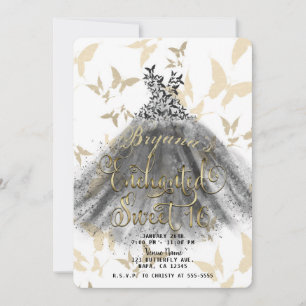 Schmetterling Tanzkleid Schwarz Gold Sweet 16 16.  Einladung