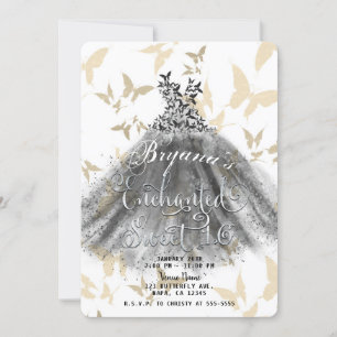 Schmetterling Tanzkleid Schwarz Gold Sweet 16 Einladung