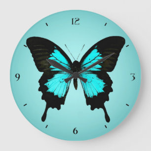 Schmetterling - Türkisblau und -SCHWARZES Große Wanduhr