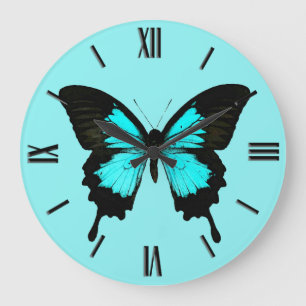Schmetterling - Türkisblau und -SCHWARZES Große Wanduhr