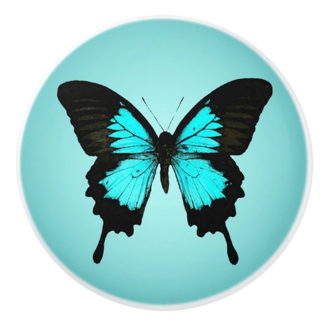 Schmetterling - Türkisblau und -SCHWARZES Keramikknauf (Vorderseite)