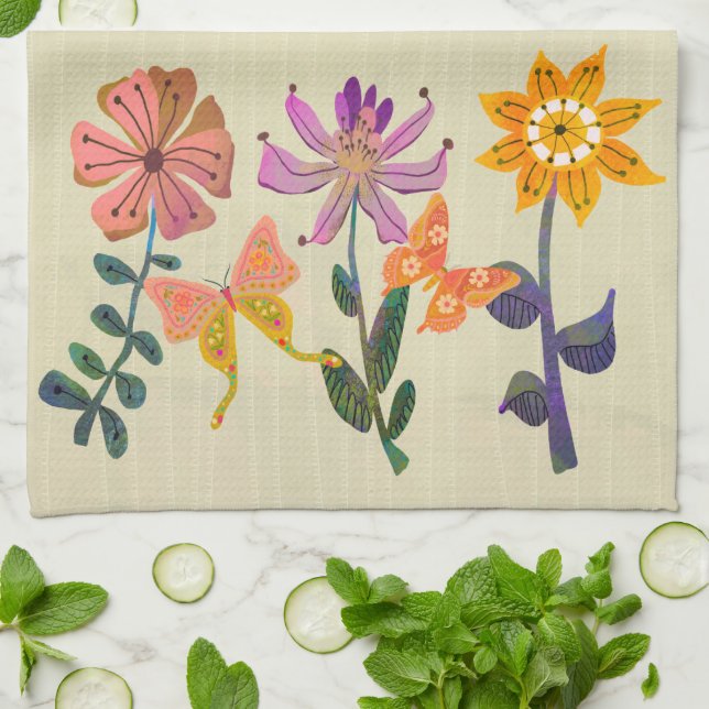 Schmetterling und Blume Freundschaft Küche Handtuc Geschirrtuch (Gefaltet)