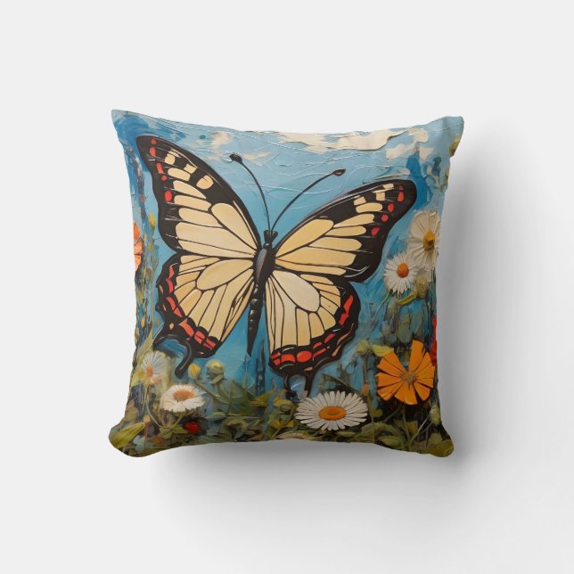 Schmetterling und Blume im Frühlingsgemälde Kissen (Vorderseite)