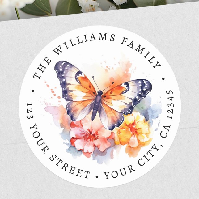 Schmetterling und Blume malen Rücksendeadresse Runder Aufkleber (Butterfly and flowers painting return address classic round sticker)