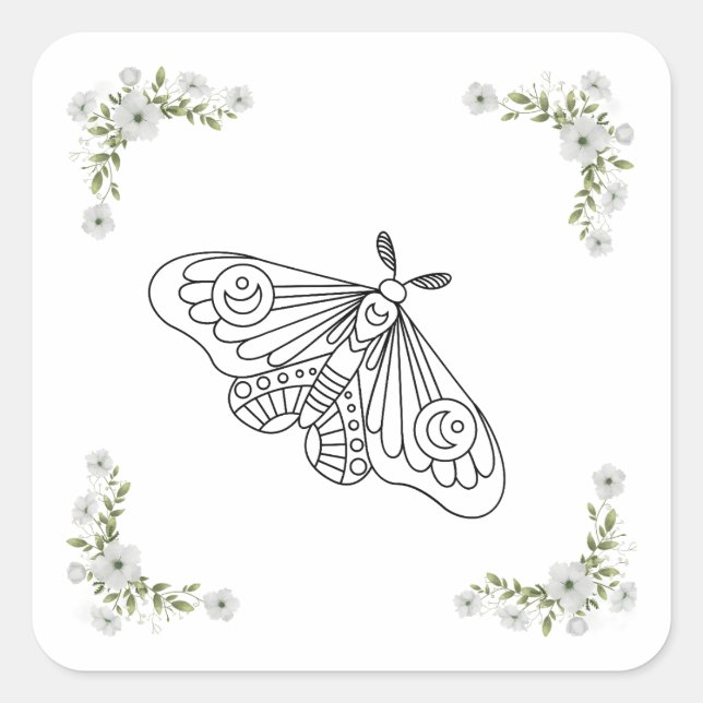 Schmetterling und Blume Quadratischer Aufkleber (Vorderseite)