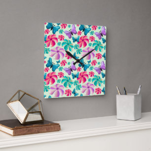 Schmetterling- und Blumen-Ästhetik-Muster  Quadratische Wanduhr