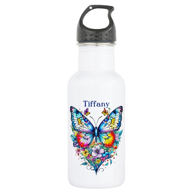 Schmetterling und Blumenherz Personalisiert Edelstahlflasche (Vorderseite)