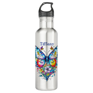 Schmetterling und Blumenherz Personalisiert Edelstahlflasche