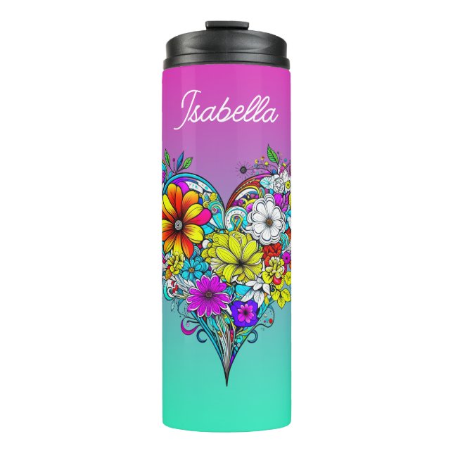 Schmetterling und Blumenherz Personalisiert Thermosbecher (Vorderseite)