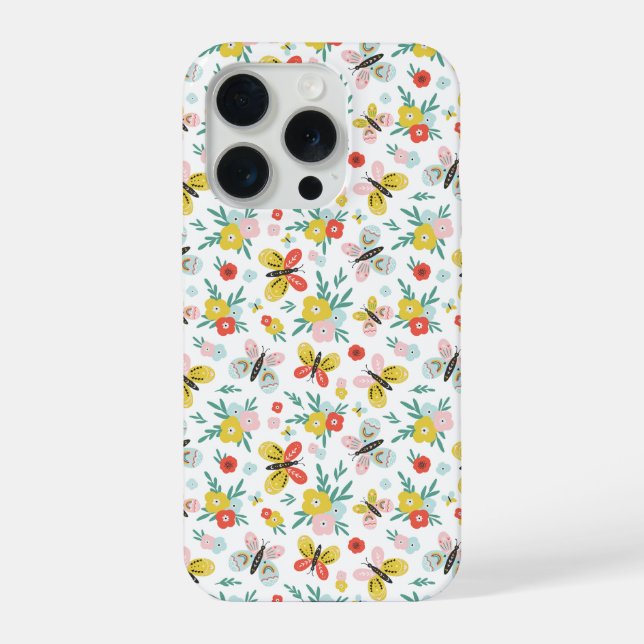 Schmetterling- und Blumenmuster  iPhone 15 Pro Hülle (Rückseite)