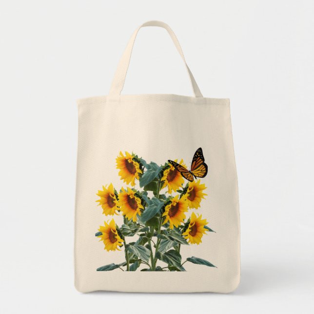 Schmetterling und Gelbe Sonnenblumen Baumwollstrau Tragetasche (Vorne)