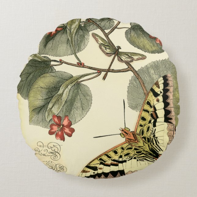 Schmetterling und Libelle mit roten Blume Rundes Kissen (Vorderseite)