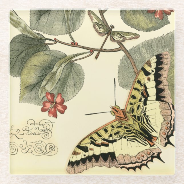 Schmetterling und Libelle mit roten Blumen Glasuntersetzer (Vorderseite)