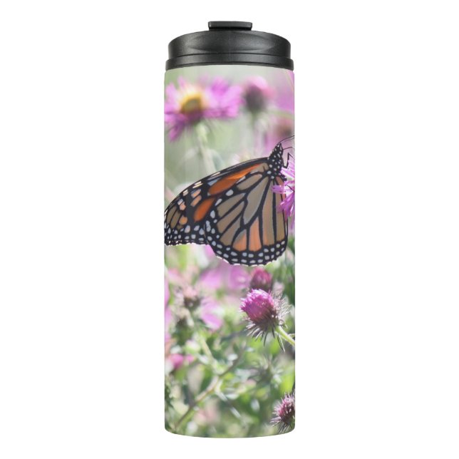 Schmetterling und Lila Blume Thermosbecher (Vorderseite)