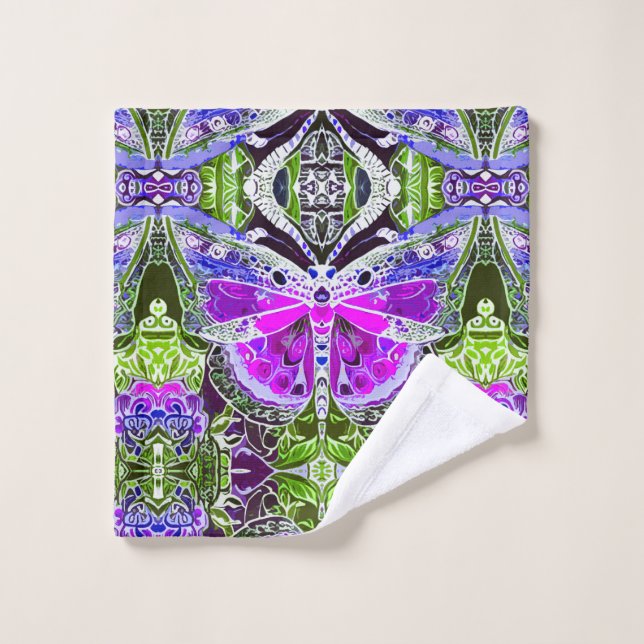 Schmetterling und Medallion Batik Muster in Violet Badhandtuch Set (Waschlappen)