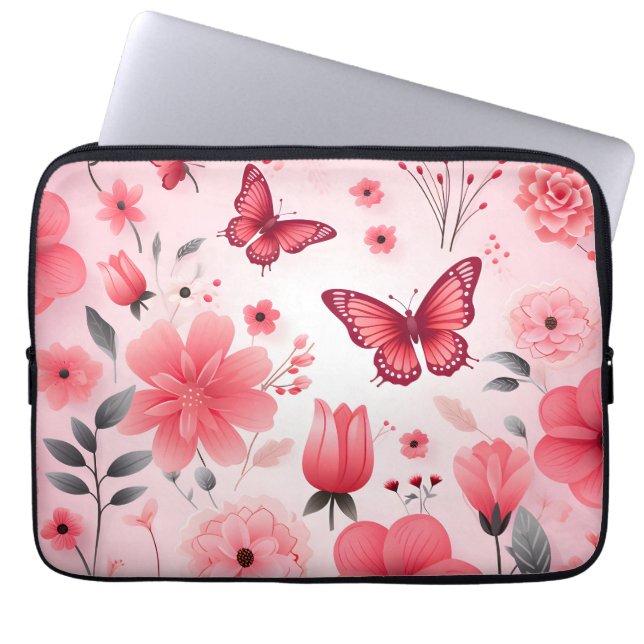 Schmetterling und rosa Blüte Laptopschutzhülle (Vorderseite)