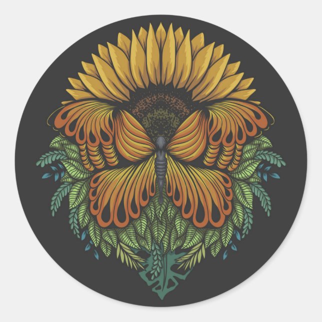 Schmetterling und Sonnenblume Runder Aufkleber (Vorderseite)