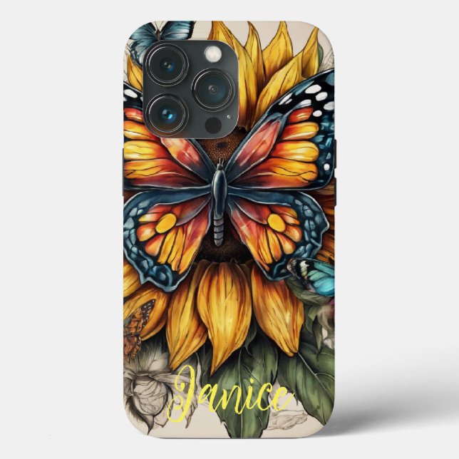 Schmetterling und Sonnenblumenmonogramm Case-Mate iPhone Hülle (Rückseite)