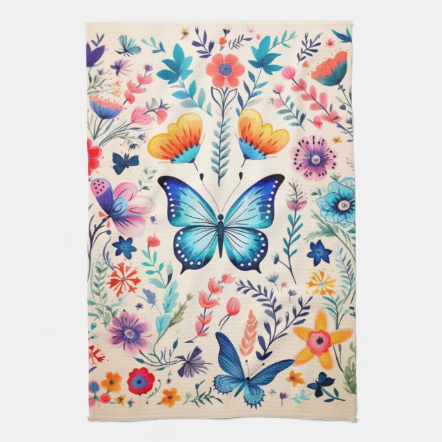 Schmetterling und Wildblume Geschirrtuch (Vertikal)