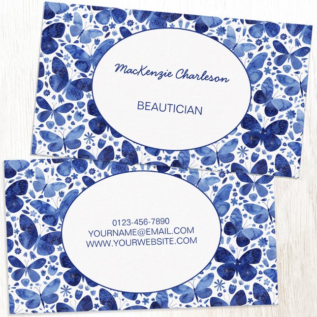 Schmetterling Visitenkarte (Indigo navy blue and white watercolor butterfly pattern custom modern business card)