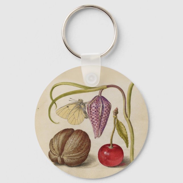 Schmetterling Walnut Blume and Kirsche Aquarell Schlüsselanhänger (Vorderseite)