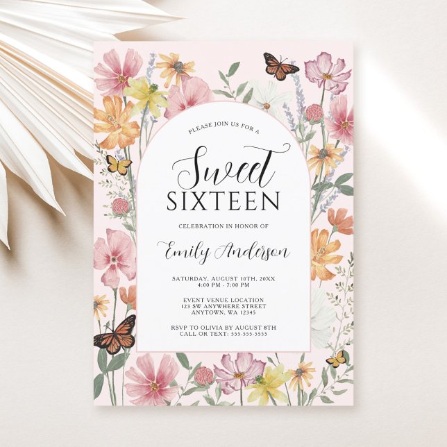 Schmetterling-Wildblume Arch Pink Sweet 16 Einladung (Von Creator hochgeladen)