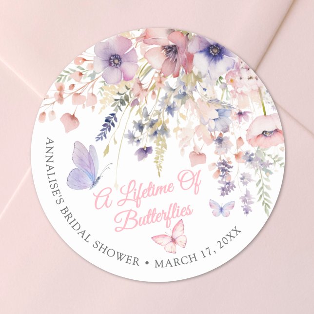 Schmetterling Wildblumen Brautdusche Runder Aufkleber (Butterfly Wildflower Bridal Shower Classic Round Sticker)