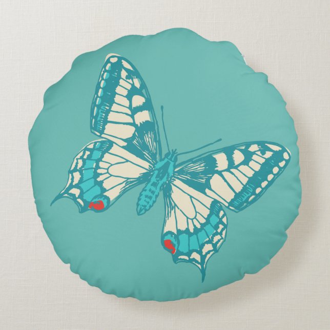 Schmetterlinge aqua beige Rot Rundkissen Rundes Kissen (Rückseite)