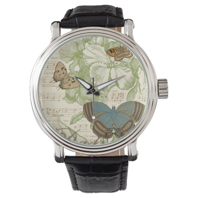 Schmetterlinge auf Noten mit Blumendesign Armbanduhr (Vorderseite)