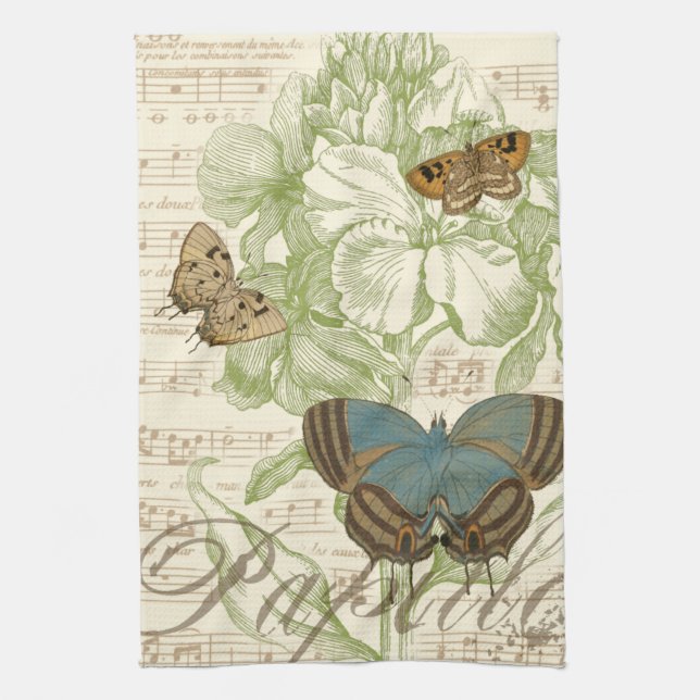 Schmetterlinge auf Noten mit Blumendesign Handtuch (Vertikal)