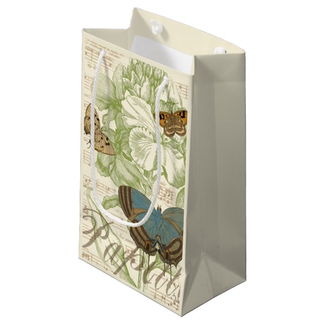 Schmetterlinge auf Noten mit Blumendesign Kleine Geschenktüte (Vorderseite Schrägansicht)