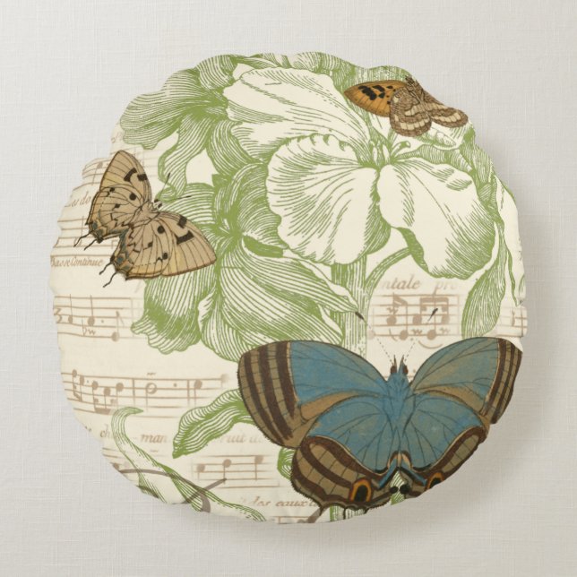 Schmetterlinge auf Noten mit Blumendesign Rundes Kissen (Vorderseite)