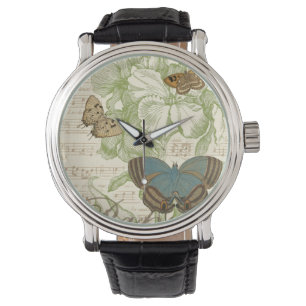 Schmetterlinge auf Noten mit Blumenmuster Armbanduhr