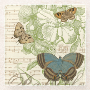 Schmetterlinge auf Noten mit Blumenmuster Glasuntersetzer