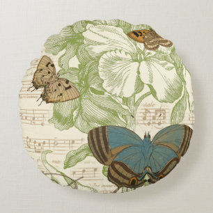 Schmetterlinge auf Noten mit Blumenmuster Rundes Kissen
