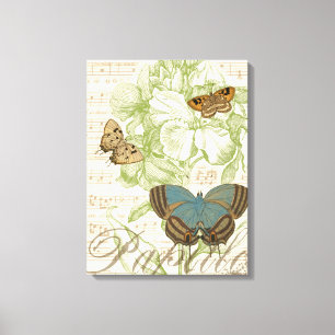 Schmetterlinge auf Notenpapier mit Blumendesign Leinwanddruck