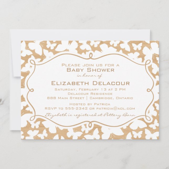 Schmetterlinge auf Wood Pattern Kinderdusche Einla Einladung (Vorderseite)