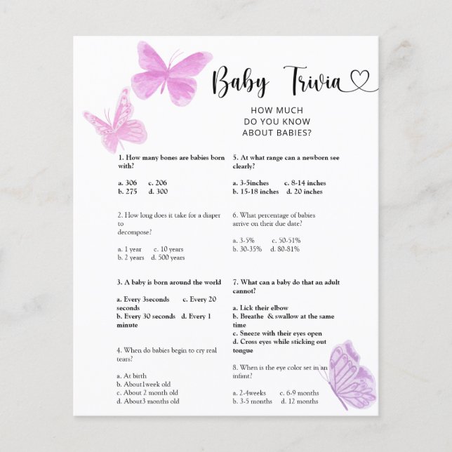 Schmetterlinge - Baby Trivia | Baby Showspiel (Vorderseite)