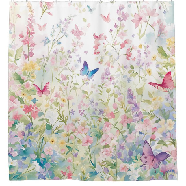 Schmetterlinge Badedekoration, Wildblumen Duschvorhang (Vorderseite)